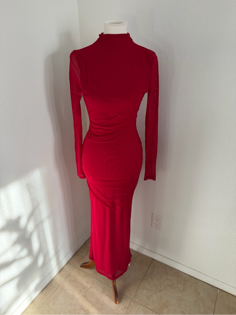 Red Open Back Midi Dress Size S | Sheer Sleeves | NWT